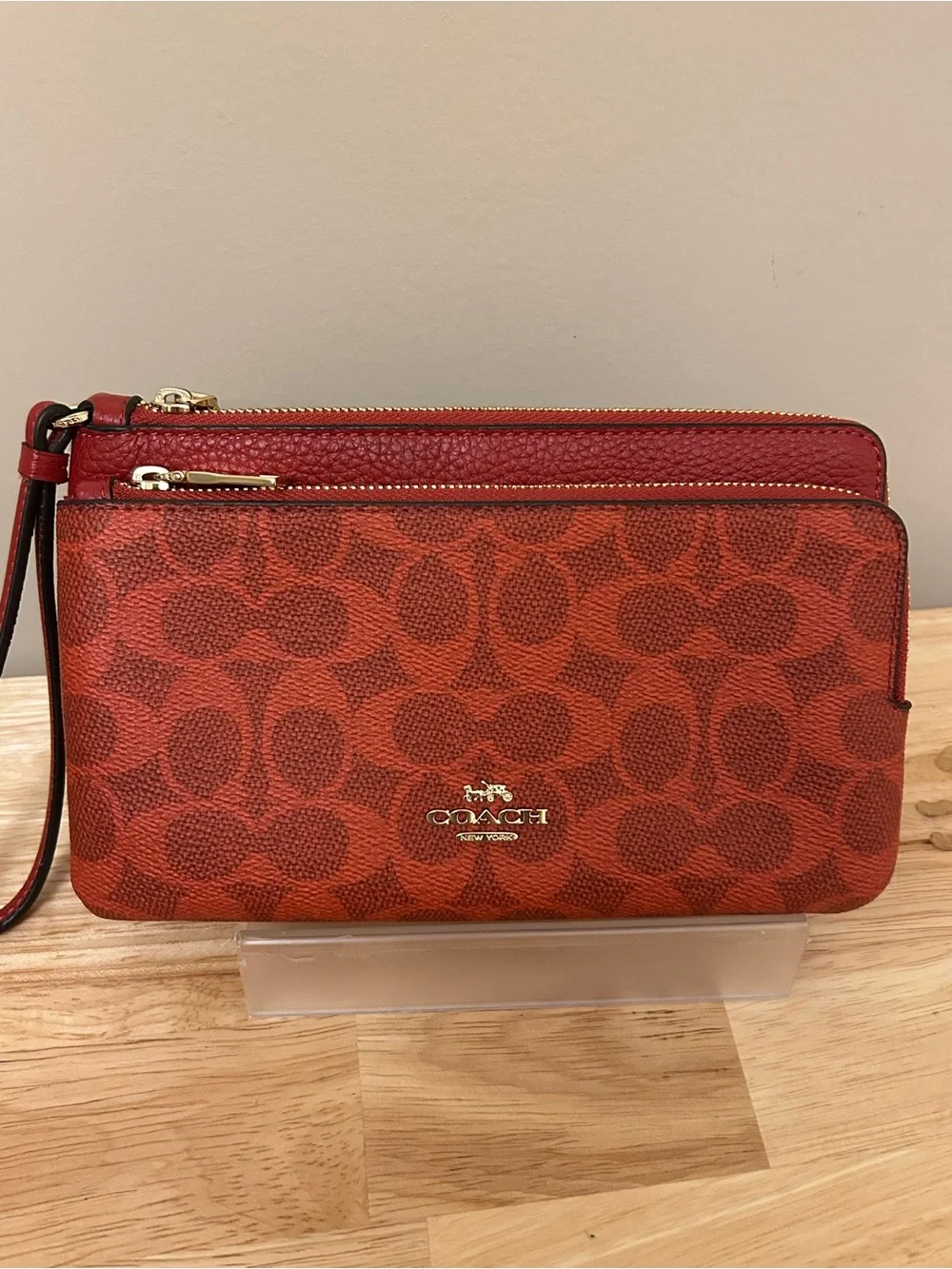Coach Red Signature Double Zip Wristlet